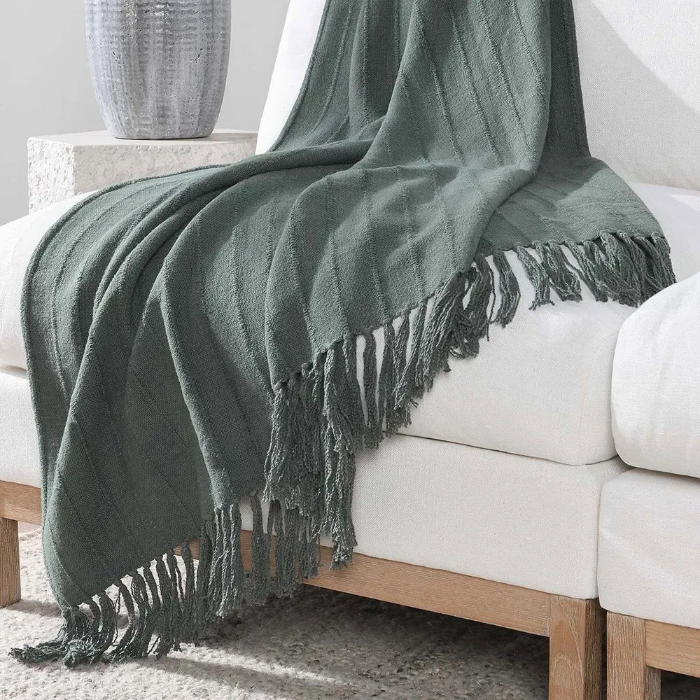 Zarina Striped Throw Blanket - Dark Green, Cotton