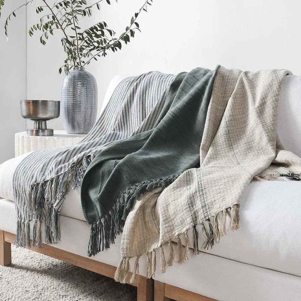 Zarina Striped Throw Blanket - Dark Green, Cotton