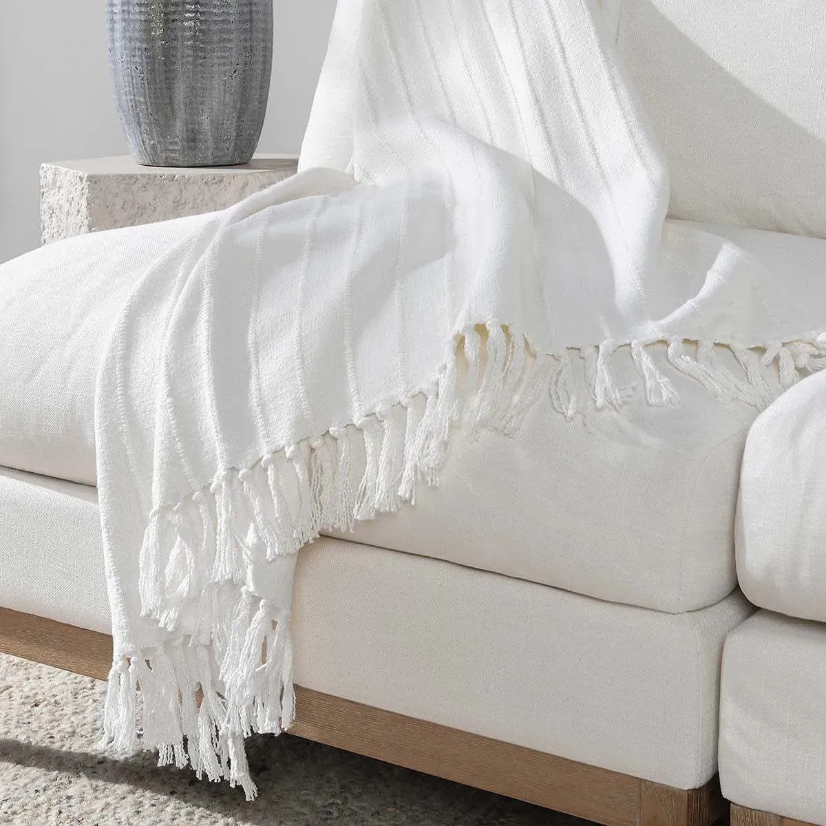 Zarina Striped Throw Blanket - White, Cotton