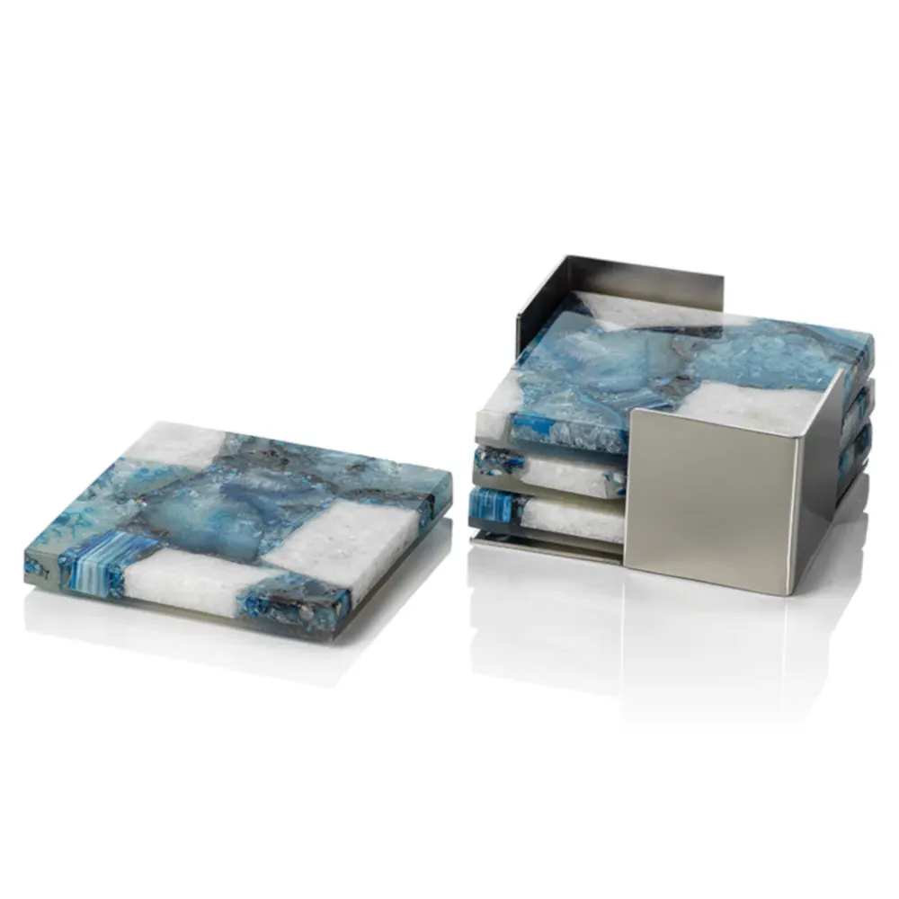 Zoey 4 Piece Coasters with Steel Tray - Blue, Agate Stone image