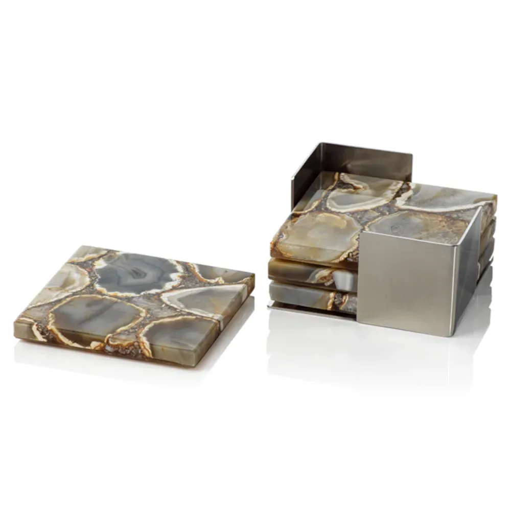 Zoey 4 Piece Coasters with Steel Tray - Brown, Agate Stone