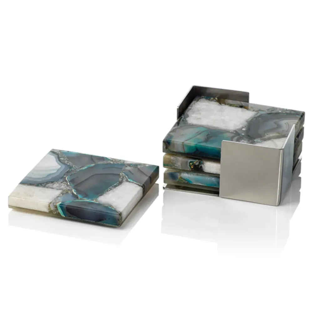 Zoey 4 Piece Coasters with Steel Tray - Green, Agate Stone
