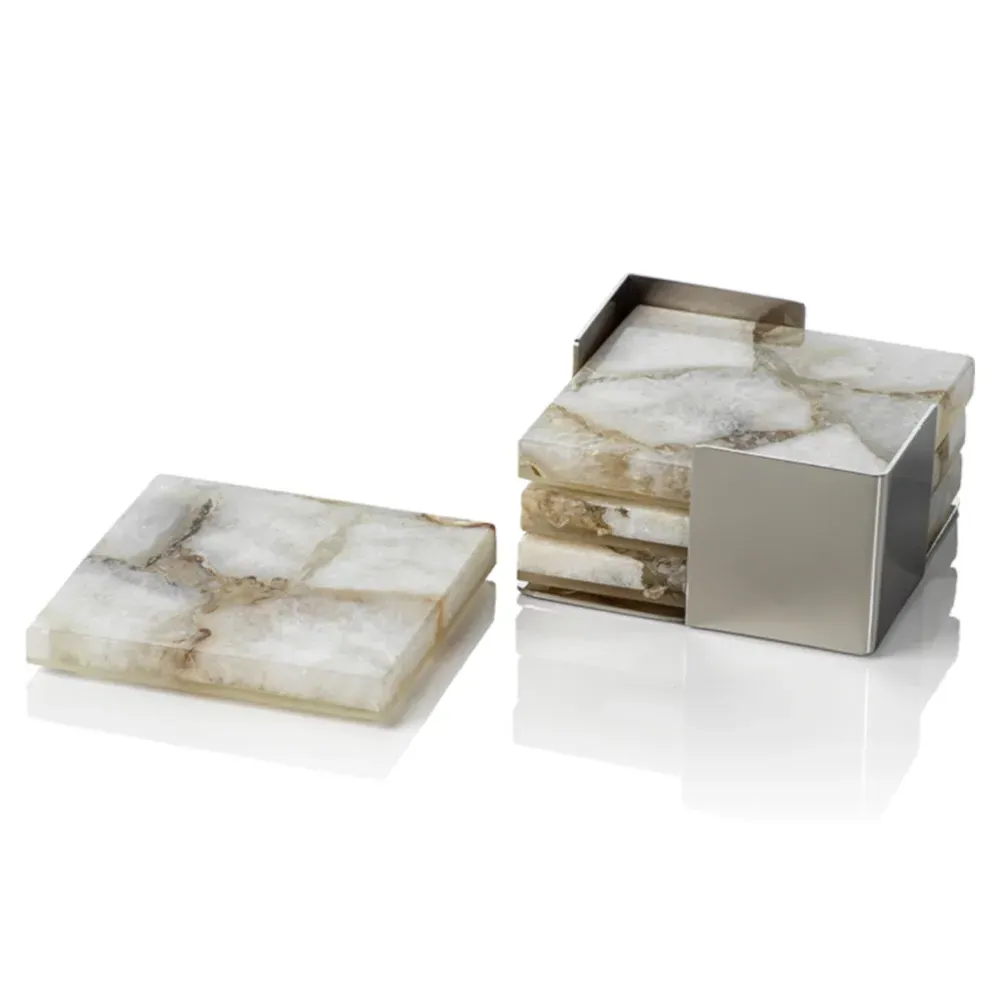 Zoey 4 Piece Coasters with Steel Tray - Grey, Agate Stone
