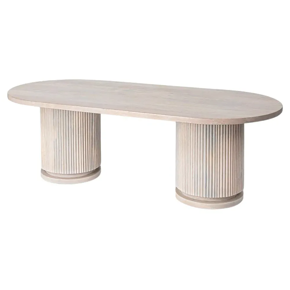 Zoey Oval Coffee Table with Ribbed Design - Bleached Beige, Mango Wood