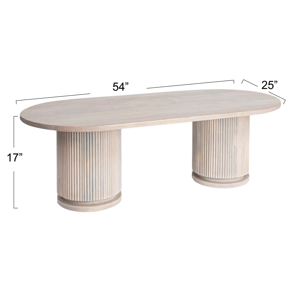 Zoey Oval Coffee Table with Ribbed Design - Bleached Beige, Mango Wood