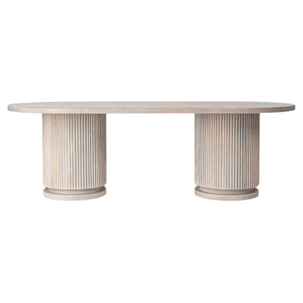 Zoey Oval Coffee Table with Ribbed Design - Bleached Beige, Mango Wood