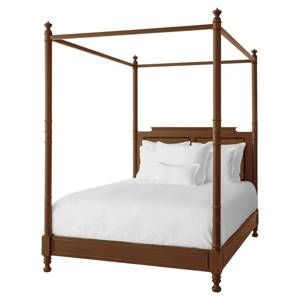 Zoey Queen Size Four Poster Cane Bed - Pecan Brown, Alder Wood