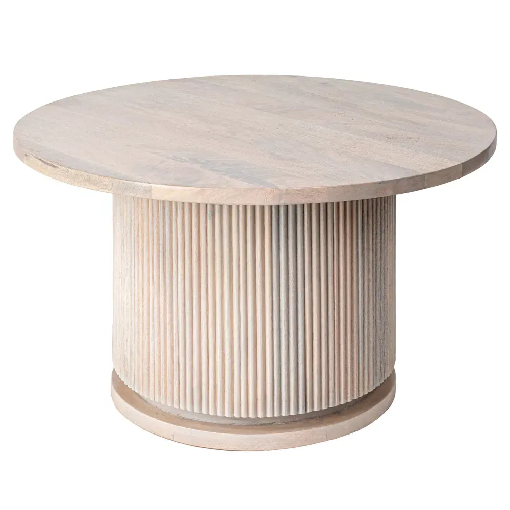 Zoey Round Coffee Table with Ribbed Design - Bleached Beige, Mango Wood