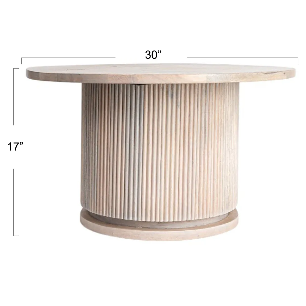 Zoey Round Coffee Table with Ribbed Design - Bleached Beige, Mango Wood