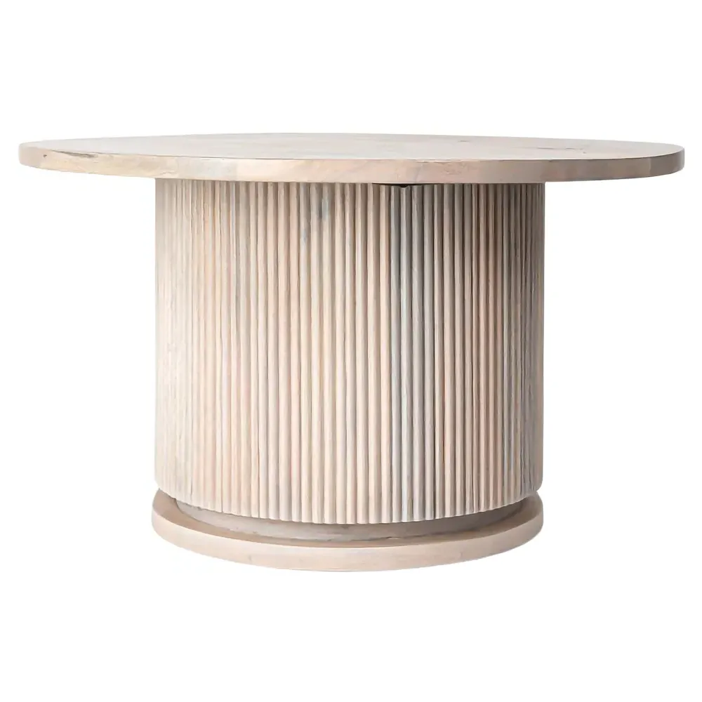 Zoey Round Coffee Table with Ribbed Design - Bleached Beige, Mango Wood