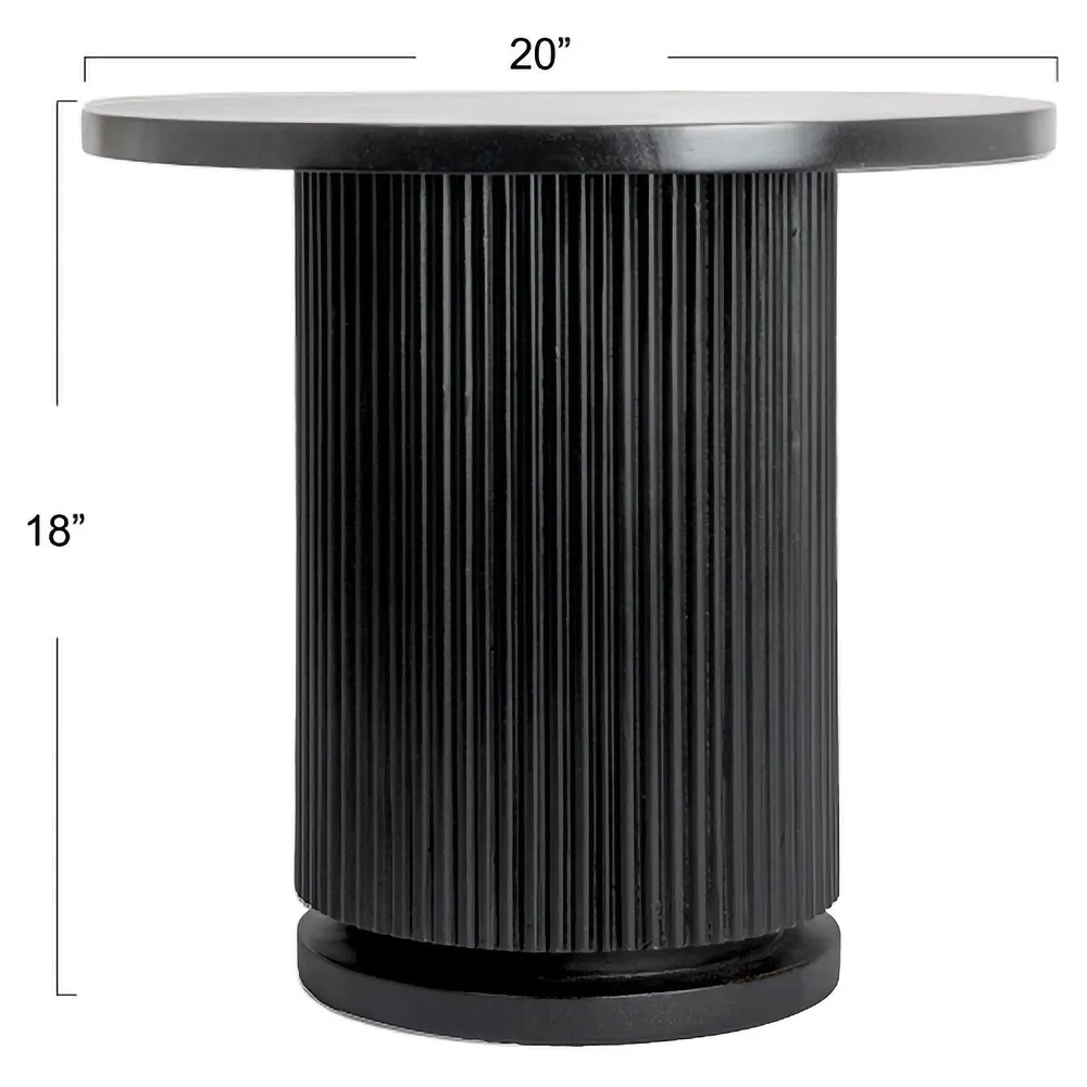 Zoey Round Side Table with Ribbed Design - Black, Mango Wood