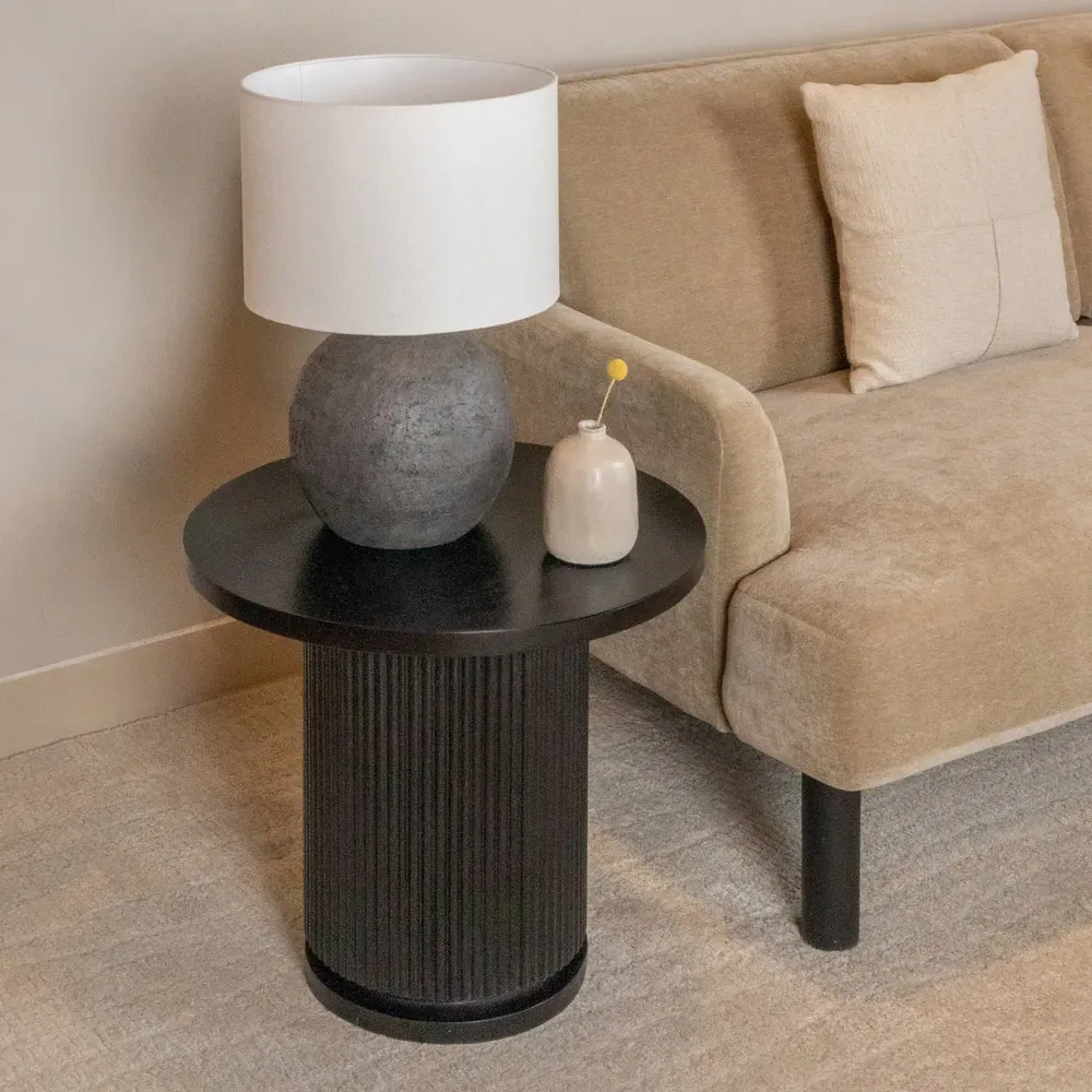 Zoey Round Side Table with Ribbed Design - Black, Mango Wood
