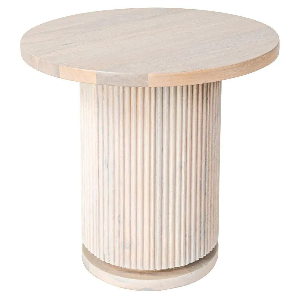 Zoey Round Side Table with Ribbed Design - Bleached Beige, Mango Wood