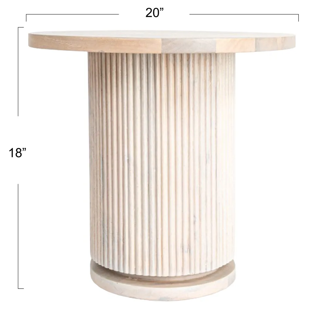 Zoey Round Side Table with Ribbed Design - Bleached Beige, Mango Wood