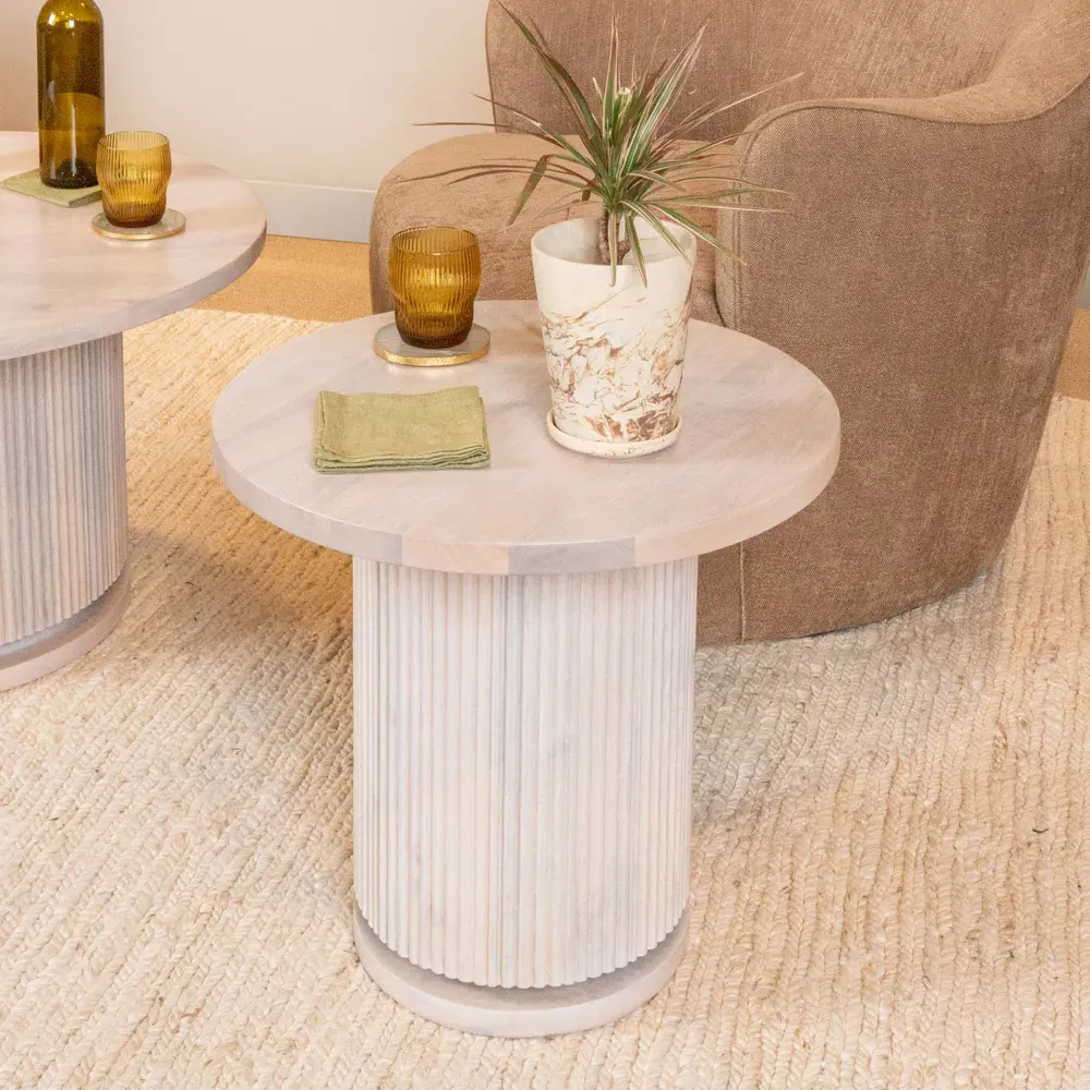 Zoey Round Side Table with Ribbed Design - Bleached Beige, Mango Wood