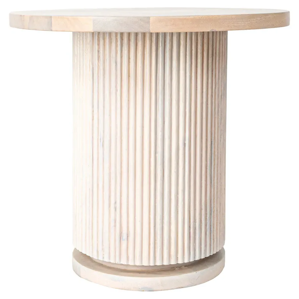 Zoey Round Side Table with Ribbed Design - Bleached Beige, Mango Wood