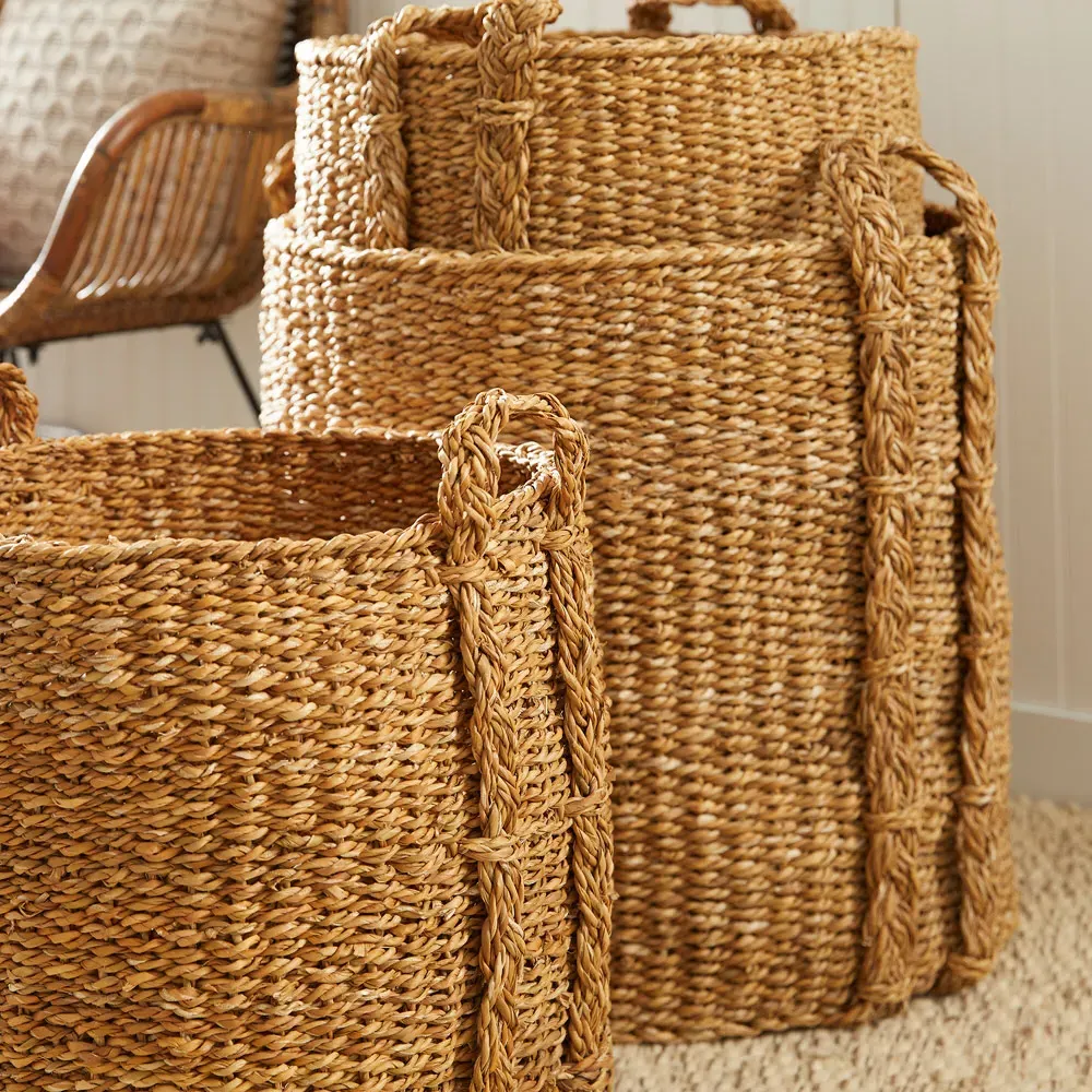 Zuri Round Large Baskets Set of 3 - Brown, Woven Rattan