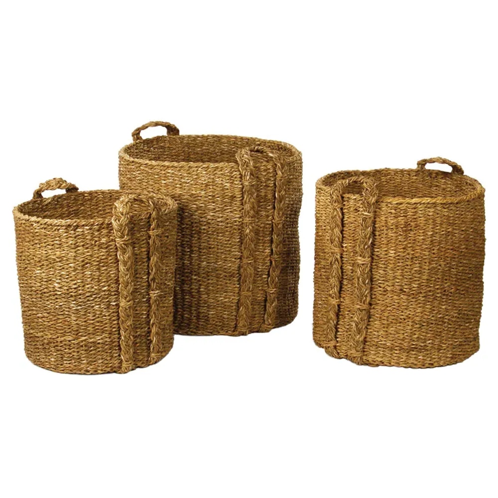 Zuri Round Large Baskets Set of 3 - Brown, Woven Rattan