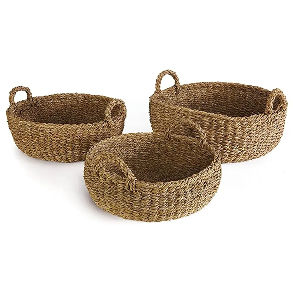 Zuri Shallow Baskets Set of 3 - Brown, Woven Rattan image