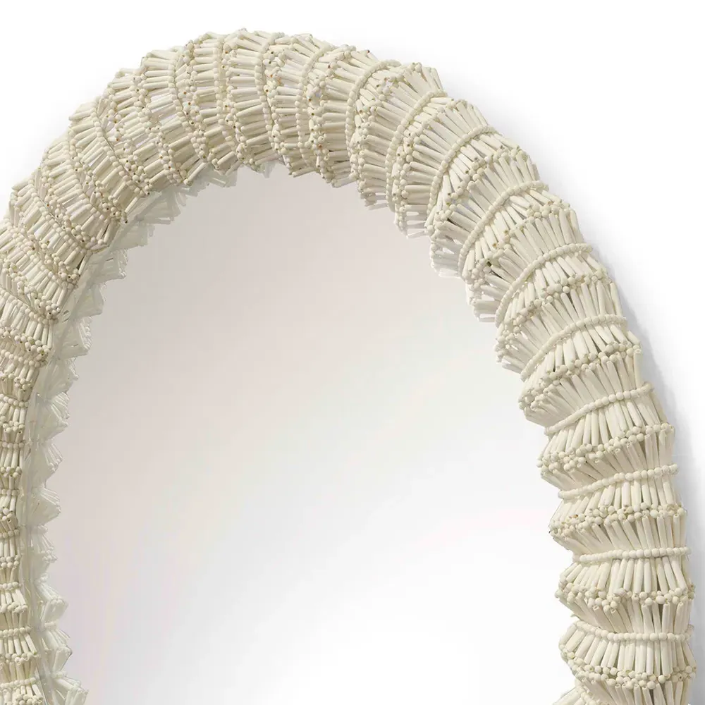 Antigua Round Wall Mirror - White, Wood Beads