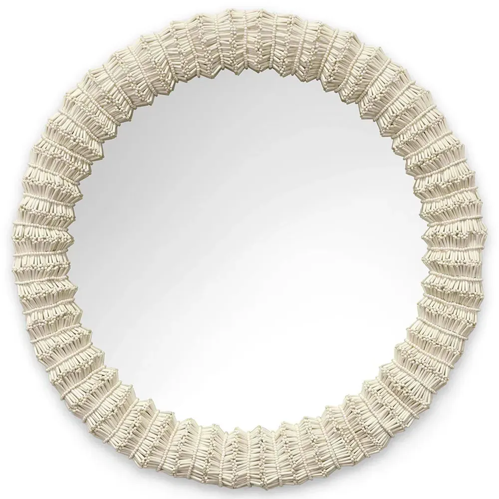 Antigua Round Wall Mirror - White, Wood Beads