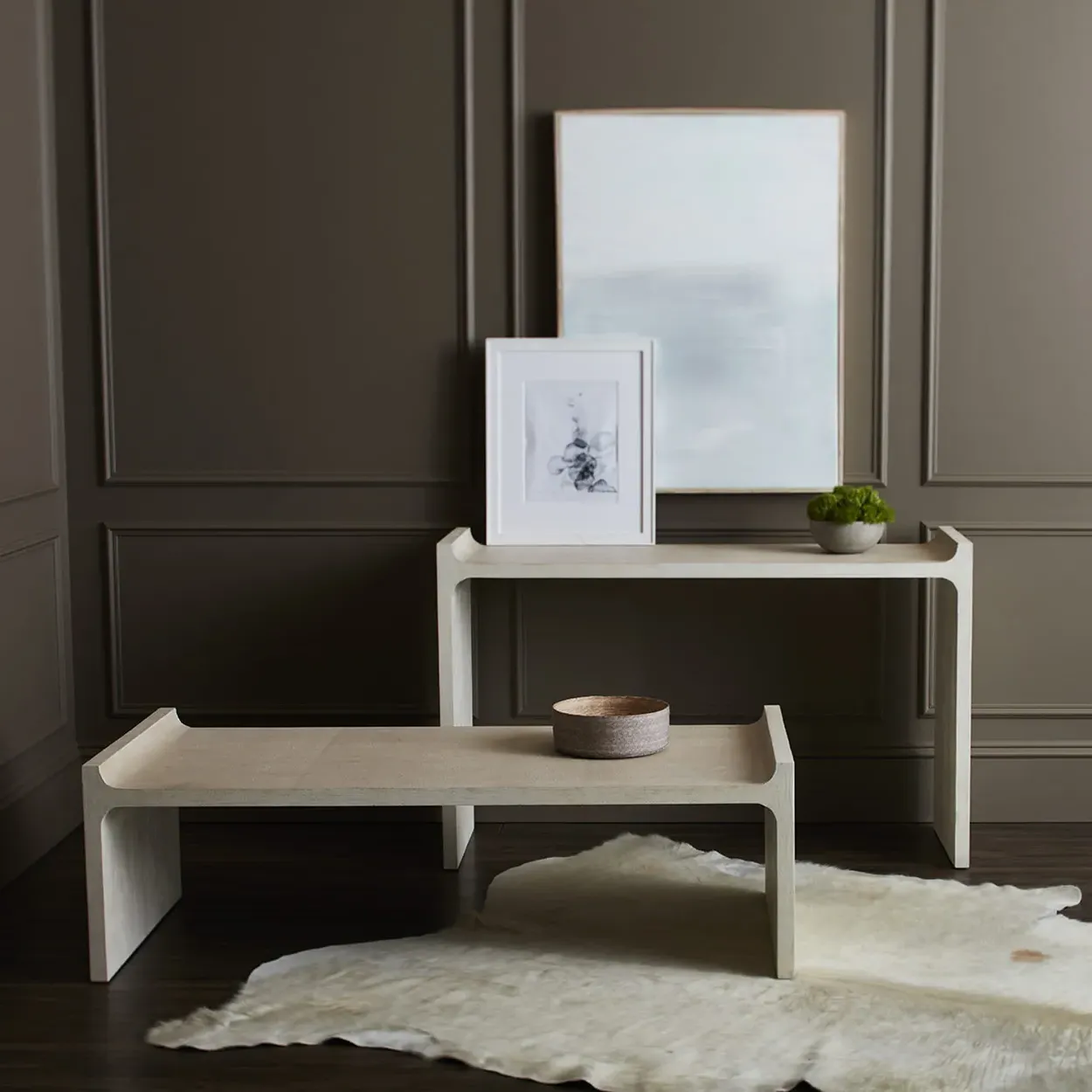 Harper Rectangular Console Table - Beige, Faux Shagreen