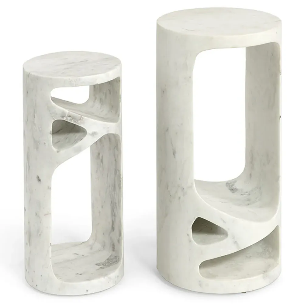 Lena Small Round Accent Table - White, Marble