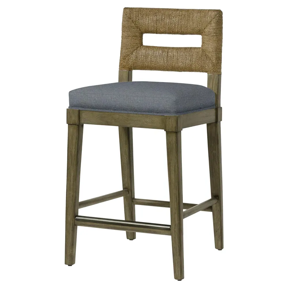 Logan Counter Stool with Woven Jute Back - Blue, Hardwood