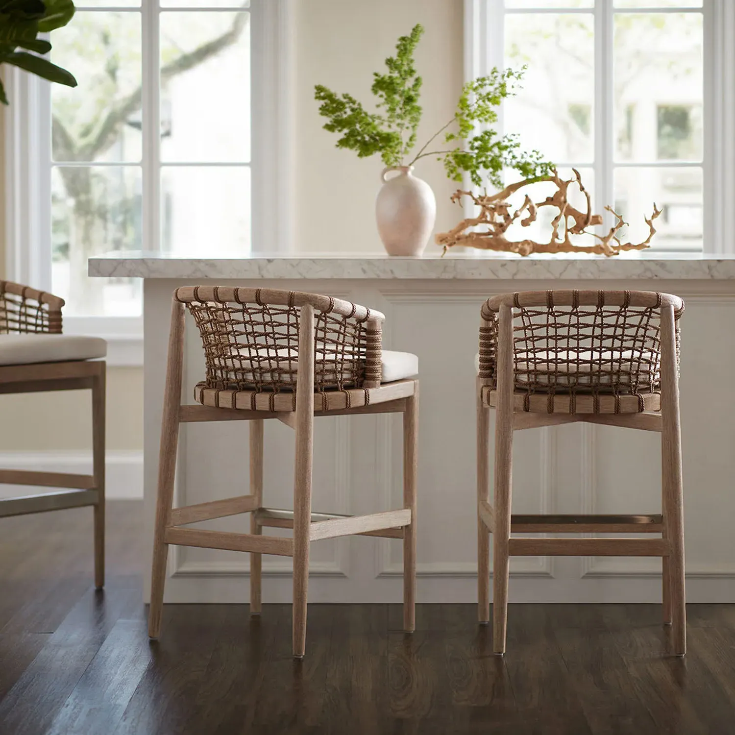 Melrose Barrel Bar Stool - Off White, Hardwood