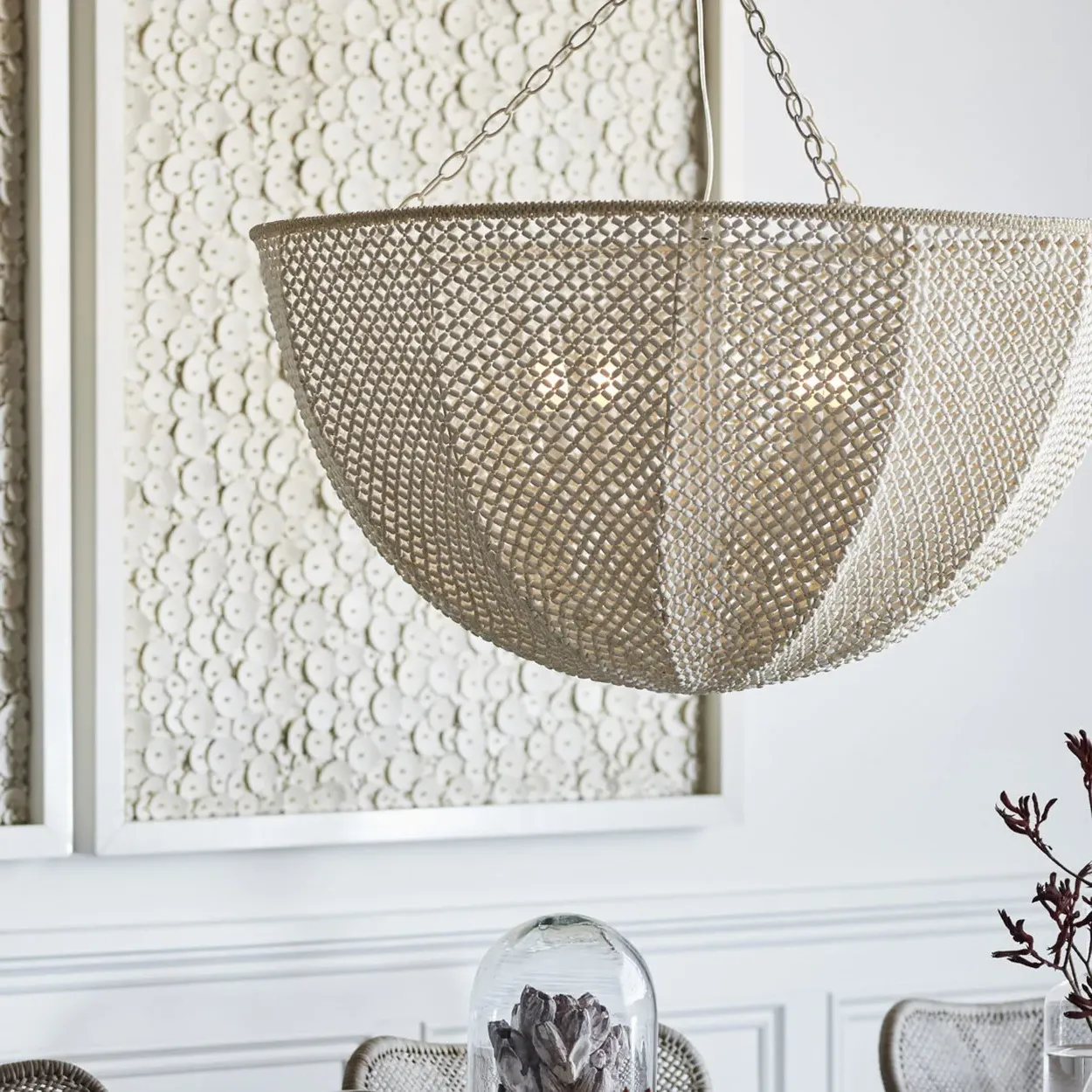 Quinn Inverted Dome Chandelier - White, Wood Coco Beaded