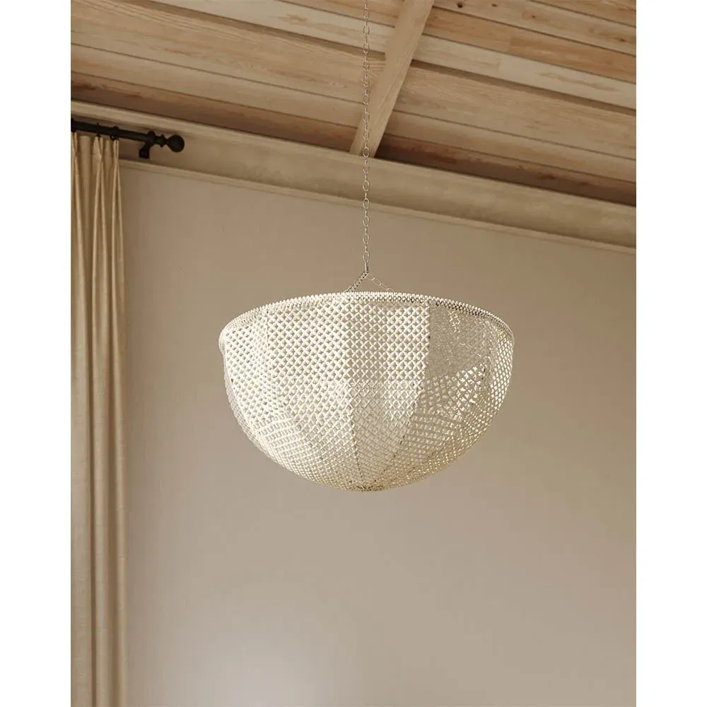 Quinn Inverted Dome Chandelier - White, Wood Coco Beaded