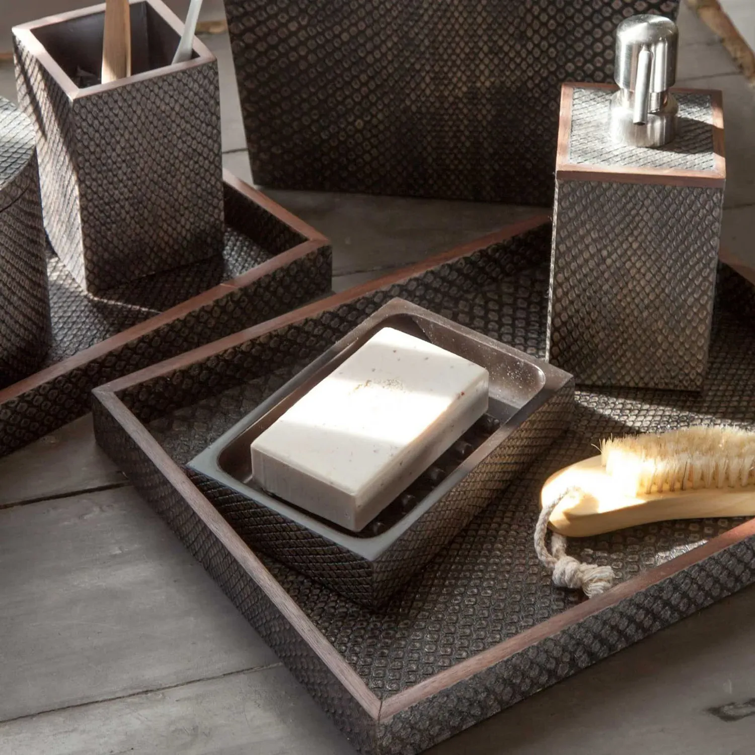 Goa Tray Set of 2 - Dark Brown, Faux Boa