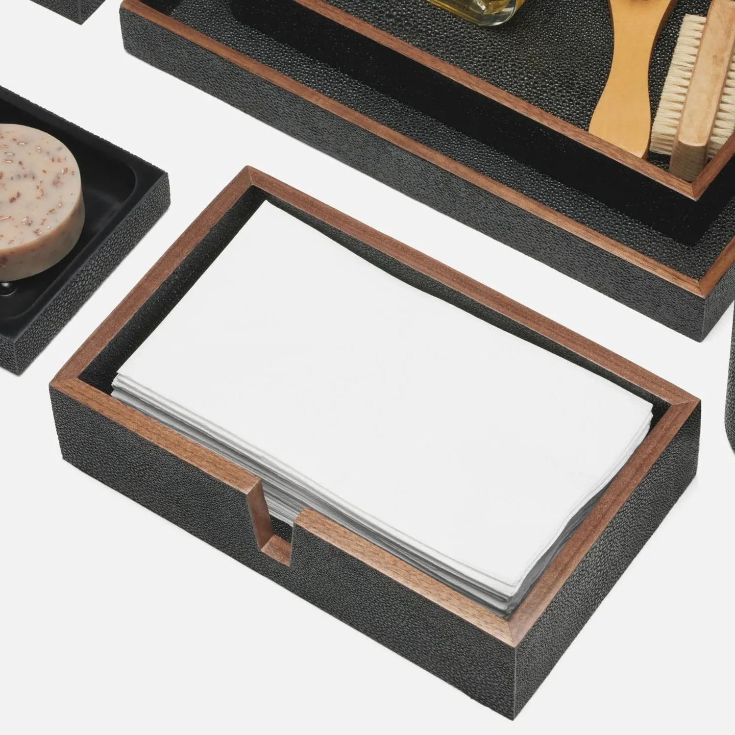 Manchester Hand Towel Tray Set of 2 - Black, Faux Shagreen