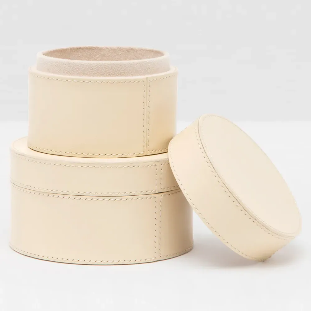 Orsett Round Decorative Boxes Set of 2 - Cream, Leather