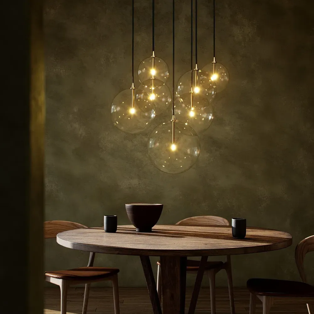 Mix 7 Glass Globe Cluster Chandelier - Burnished Brass