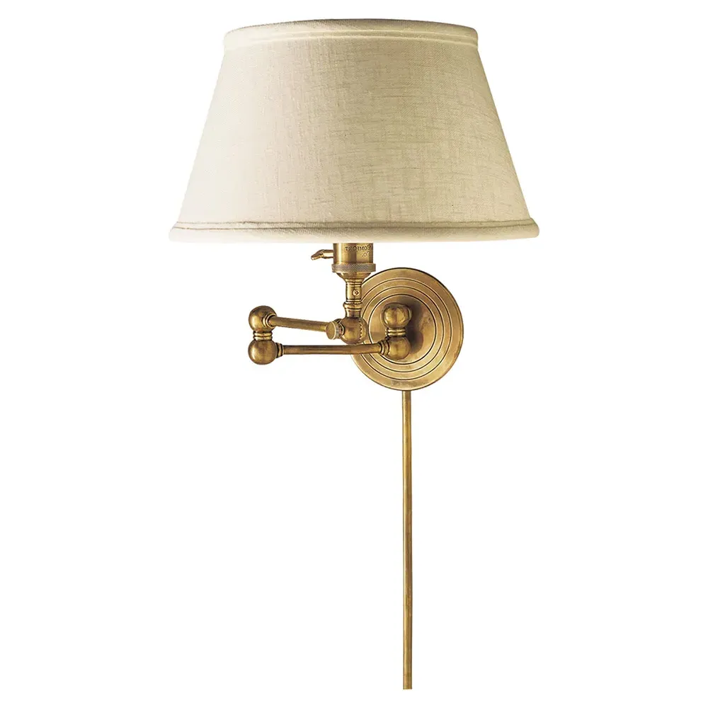 Boston Swing Arm Sconce with Linen Shade - Antique Brass image