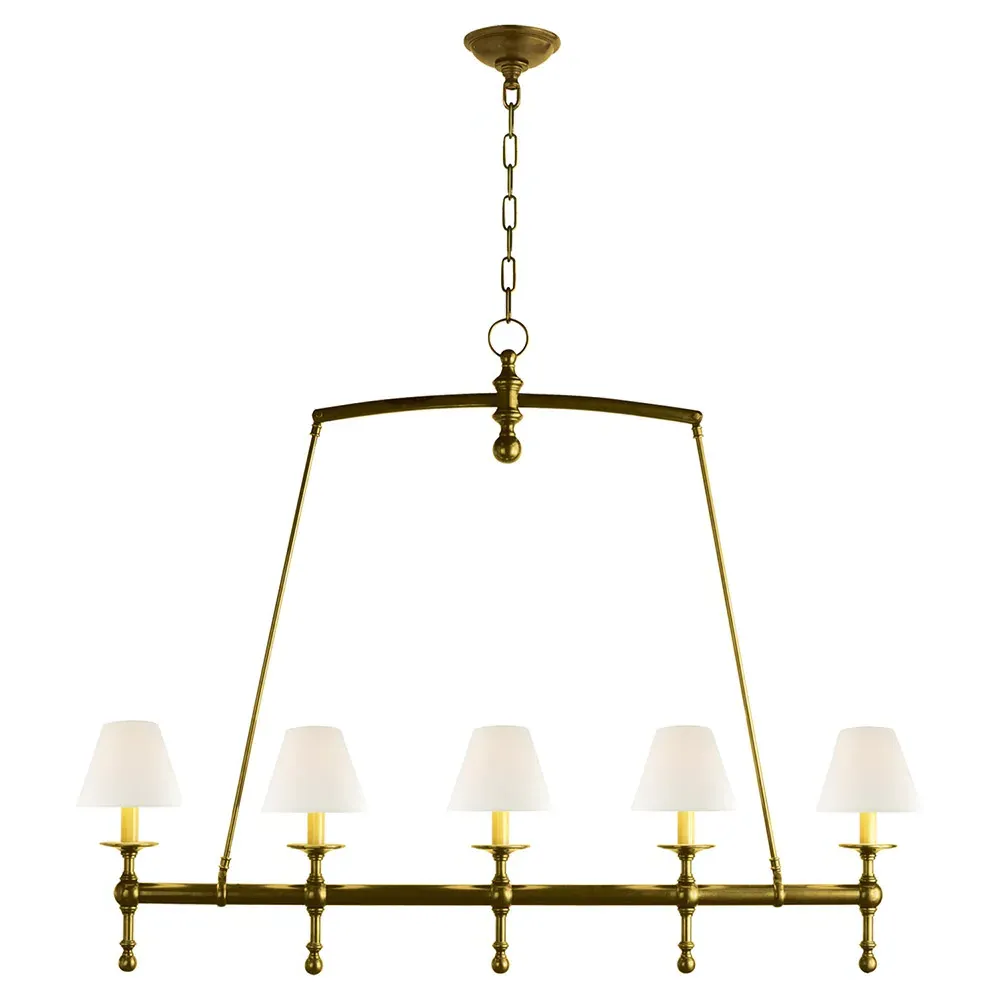 French Linear Chandelier with Linen Shade - Antique Brass, Metal