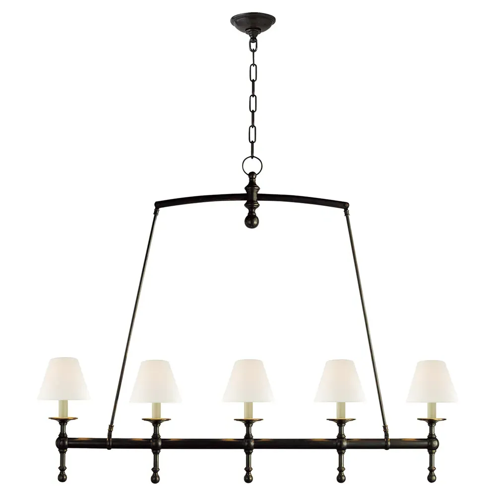 French Linear Chandelier with Linen Shade - Bronze, Metal