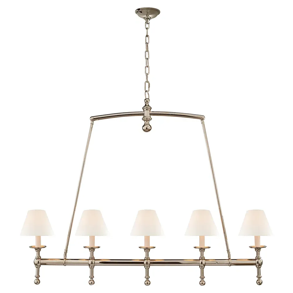 French Linear Chandelier with Linen Shade - Polished Nickel, Metal