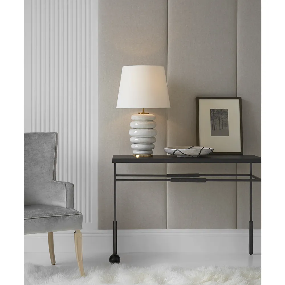 Phoebe Stacked Table Lamp with Linen Shade - Antiqued White, Ceramic