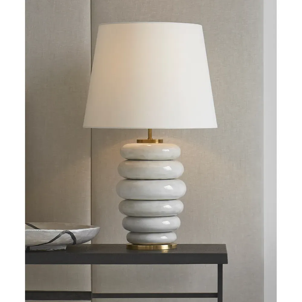 Phoebe Stacked Table Lamp with Linen Shade - Antiqued White, Ceramic