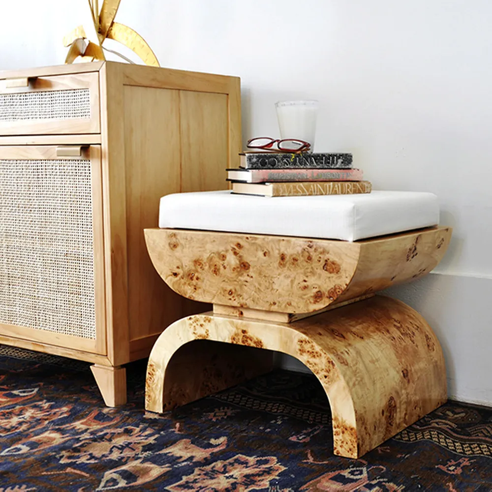 Biggs Upholstered Stool - White, Burl Wood