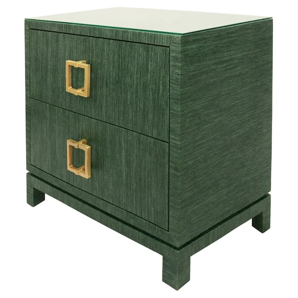 Cole Nightstand with Brass Pull - Green, Grasscloth