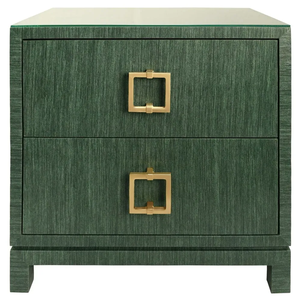 Cole Nightstand with Brass Pull - Green, Grasscloth