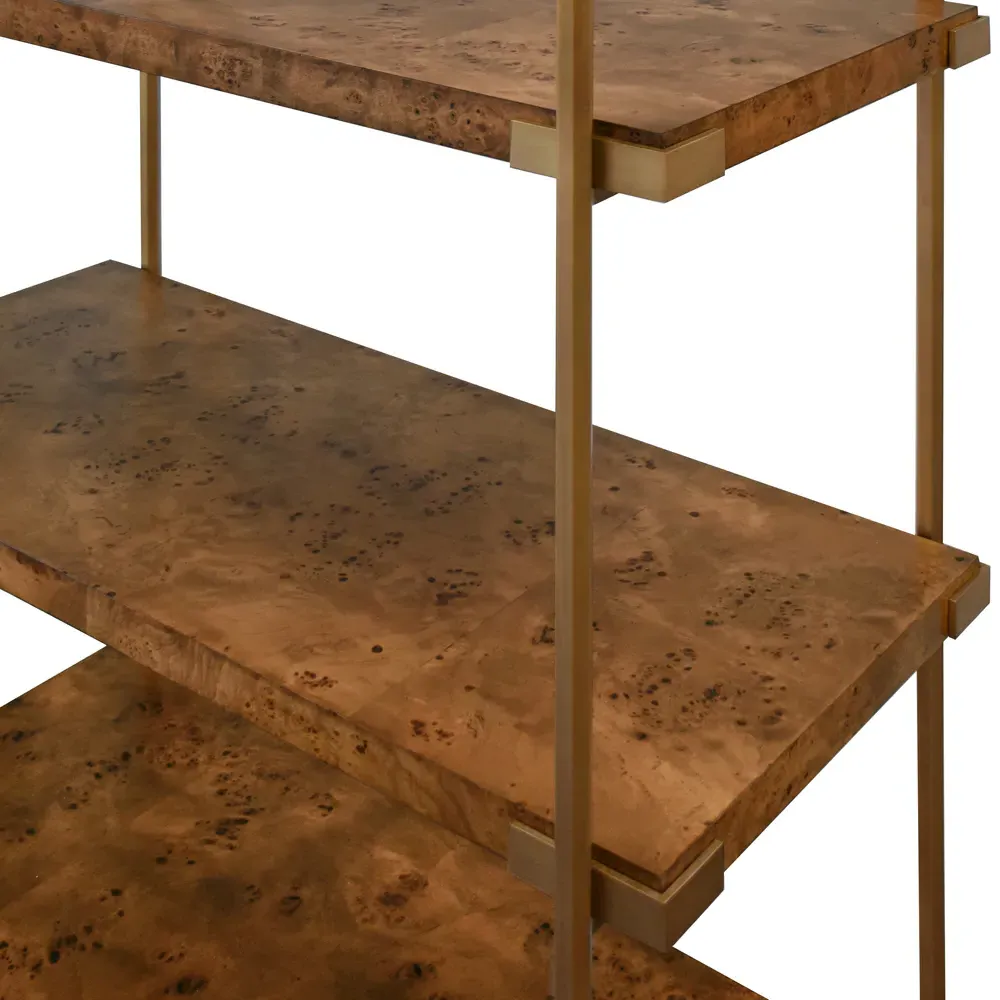 Harris Burl Wood Etagere - Dark Burl, Antique Brass