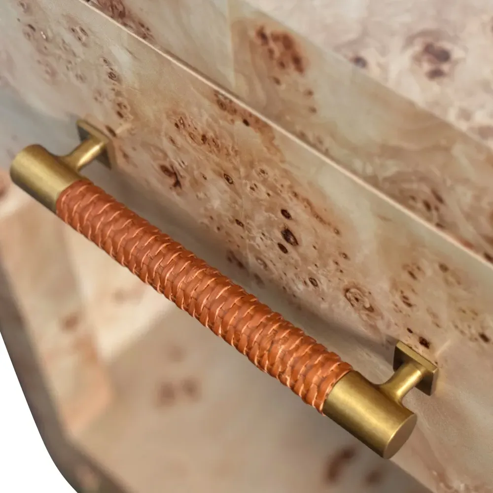 Pelham Side Table with Rattan Handle - Brown Burl