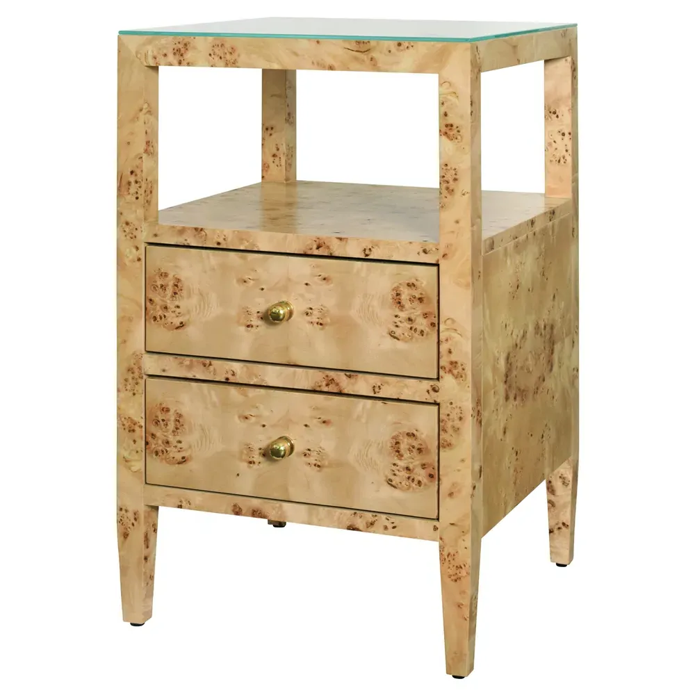 Roscoe Side Table with 2 Drawers - Brown Burl, Glass
