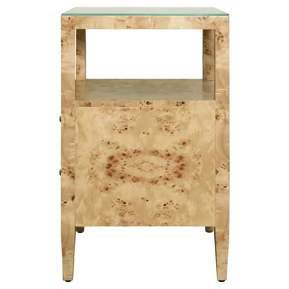 Roscoe Side Table with 2 Drawers - Brown Burl, Glass