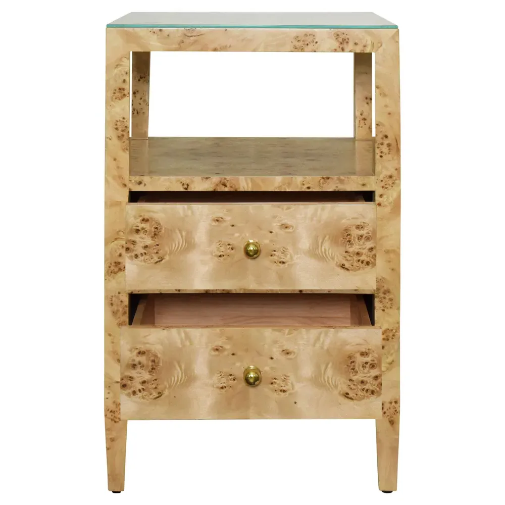 Roscoe Side Table with 2 Drawers - Brown Burl, Glass