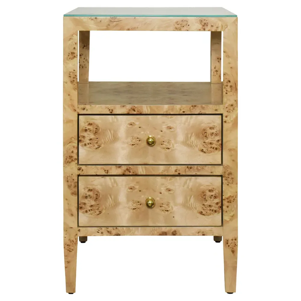 Roscoe Side Table with 2 Drawers - Brown Burl, Glass image